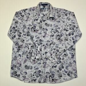Allen Flusser Button Shirt Mens Large Paisley Pinstripe Purple White